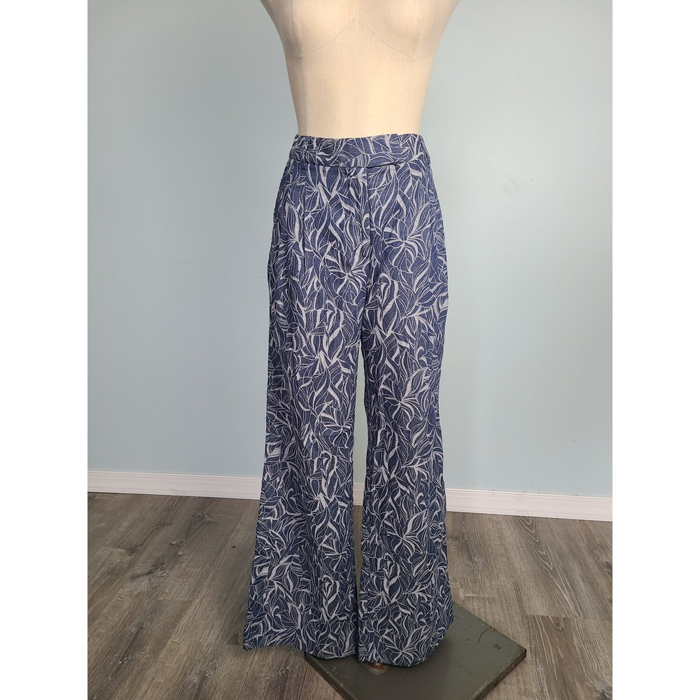 J. Mclaughlin Sz 8 Morgan Pants Denim Blue Leaf Lover Wide Leg High Rise NWT
